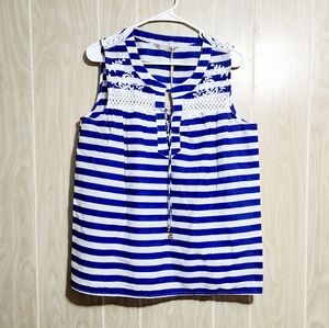 Sfera Blue & White Striped Women's Top Blouse with Croche Detail. Size L (32)